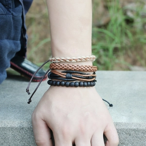 Retro multi-layer leather bracelet set with brown braided hemp rope and black beads