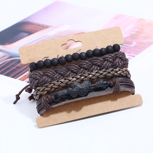 Bohemian retro multilayer leather bracelet set with wooden beads and metal arrow charm