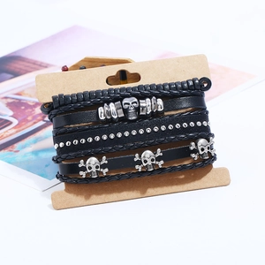 Men's multi-layered skull beaded genuine leather bracelet set with vintage metal hardware