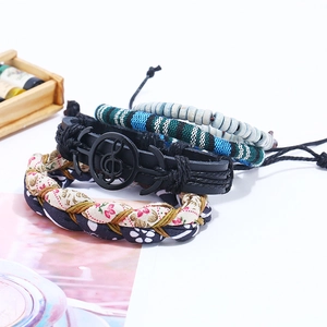 Bohemian multi-layer bracelet set with leather G-clef charm and wooden beads
