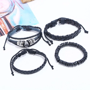 Ensemble de bracelets rétro pour hommes en cuir noir avec breloques crâne style punk rock
