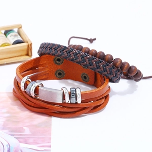 Retro multi-layer men's leather bracelet set with wooden beads and metal accents