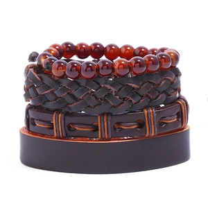 Retro Braided Cowhide Leather Bracelet Set Vintage Punk Style Handmade Bead Wrap Jewelry For Men Women Daily Accessory