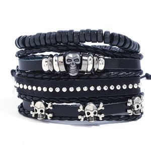 Vintage Punk Skeleton Skull Braided Leather Bracelet Men Multiple Layers Beaded Charm Adjustable Biker Jewelry Wristband Accessory