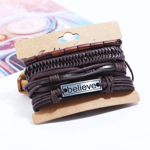 Retro multi-layer braided leather bracelet set with wooden beads and 'Believe' metal charm