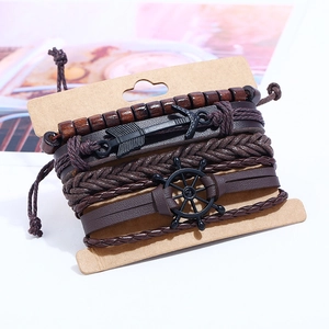 Set de bracelets rétro en similicuir pour homme avec perles en bois et flèches