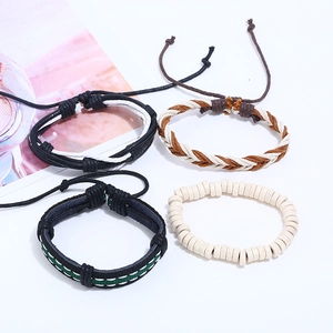 Ensemble de bracelets punk en cuir tressé pour homme avec cordon tissé et perles en bois