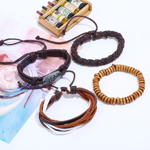 Retro multi-layer men's braided leather bracelet set with wooden beads and metal charm