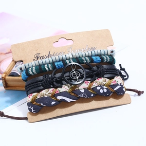Multilayer bohemian leather bracelet set with musical treble clef note charm for men