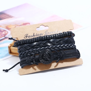 Retro punk set of black multilayer braided faux leather bracelets on display card