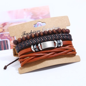 Three-piece retro men's braided leather bracelet set with wood beads on display card