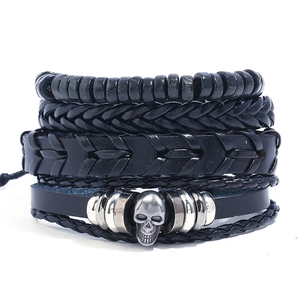 Bijoux Tressés en Cuir Noir Punk Rétro pour Hommes Crâne Perle de Métal Multicouche Corde Tissée Bijoux de Main Réglables pour Hommes