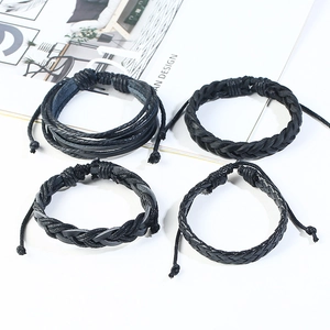 Lot de 4 bracelets rétro en cuir tressé noir pour homme avec cordon ajustable