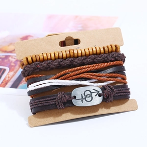 Retro multi-layer woven leather bracelet set with wooden beads and gender symbol plate