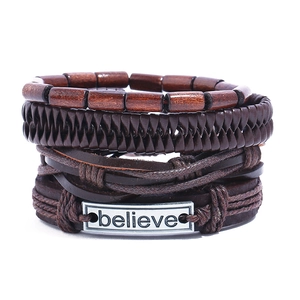 Retro Men Woven Cowhide Bracelet Multilayered Wood Bead Alloy Believe Letter Plate Bohemian Minimalist Adjustable Wristband Jewelry