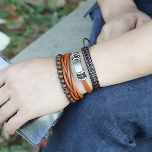Retro multi-layer leather bracelet set with wooden beads and woven cords for men