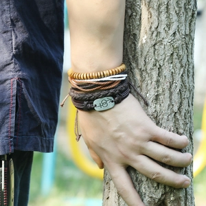 Retro multi-layer braided leather bracelet set with wooden beads and metal gender symbol