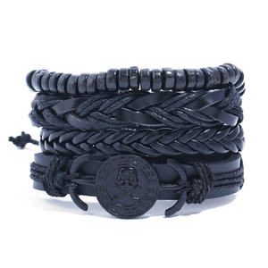Men Vintage Punk Multi-Layer Bracelet Set Braided Artificial Leather Wood Beads Skull Anchor Charms Ethnic Wristband Jewelry