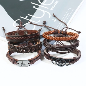 Set di 6 bracciali vintage in pelle da uomo con ciondoli metallici e chiusura regolabile