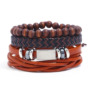 Men Vintage Genuine Leather Braided Bracelet Multilayer Wrap Bracelet Set With Wood Beads And Alloy Charms Punk Jewelry