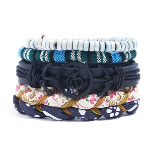 Men Retro Multilayer Bracelets Woven Artificial Leather Ethnic Style Wood Beads Music Note Charm Punk Wristband Jewelry