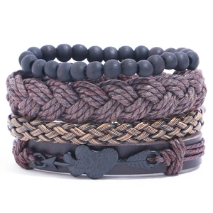 Vintage Men Faux Leather Bracelet Woven Rope Wood Bead Arrow Heart Charm Adjustable Punk Bohemian Wristband Jewelry Accessory