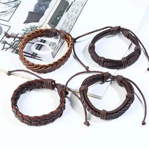 Men's retro multi-layer braided cowhide leather bracelet set with adjustable cord closure