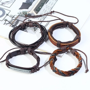 Retro multi-layer men's leather bracelet set with woven braids and metal plate