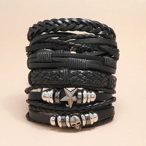 6-piece set of men's vintage black leather bracelets with punk metal charms and woven ropes