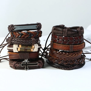 Retro multi-layer braided leather bracelet set for men with metal motivational plate