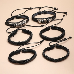 Handmade 6-piece vintage black leather bracelet set with metallic charms for men