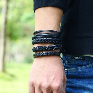 Ensemble de bracelets multicouches en cuir tressé noir pour hommes avec cordon ajustable