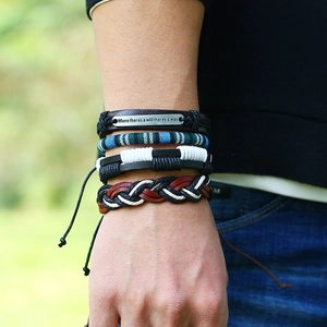 Men's multi-layer braided leather bracelet set with inspirational engraved metal plate