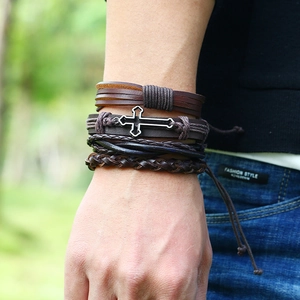 Men's vintage multilayer leather bracelet set with woven ropes and cross charms