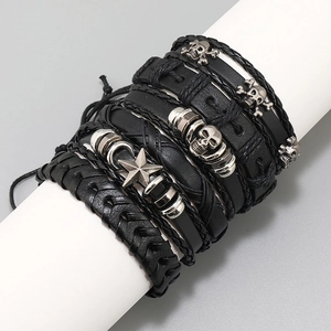 Punk vintage woven leather bracelet set featuring skull and star charms in black