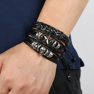 6-piece black braided leather bracelet set for men with silver star and skull charms