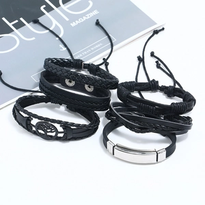 Lot de 6 bracelets en cuir tressé noir rétro avec arbre de vie et breloque en métal