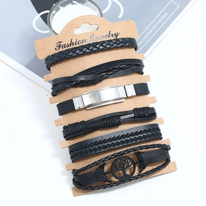 Ensemble de six bracelets en cuir tressé noir pour hommes avec pendentifs arbre de vie