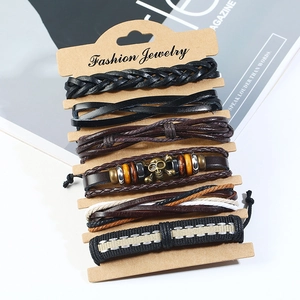Vintage punk multi-layer braided leather bracelet set with skull pendants and beads