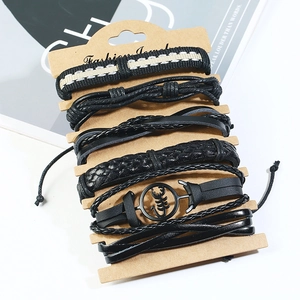 Lot de 6 bracelets multicouches en cuir noir pour homme avec breloque scorpion en métal