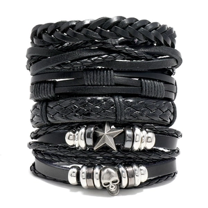 Men Vintage Handmade Woven Leather Bracelet Punk Skull Star Charm Adjustable Multi Layer Wrap Wristband Jewelry