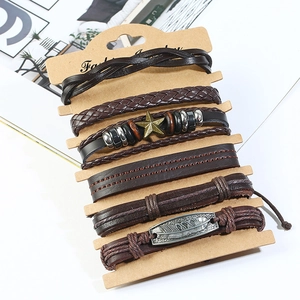 Set of 6 vintage woven leather bracelets for men featuring bronze stars and silver feathers