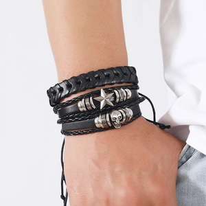 Men's multi-layer punk leather bracelet set with skull and star charms in black