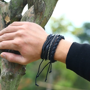 Retro multi-layer braided leather bracelet set for men with adjustable cord and metal beads