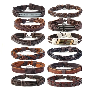 Retro Punk Men Multi Layer Leather Bracelet Hand Woven Cowhide Wax Rope Wooden Bead Alloy Cross Charms Jewelry