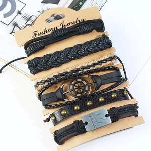 Ensemble de bracelets multicouches en cuir rétro pour hommes avec ancre métallique