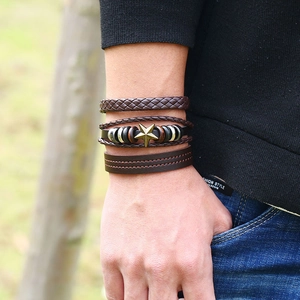 Men's vintage braided leather bracelet set with star charm and multi-layer cord wrap