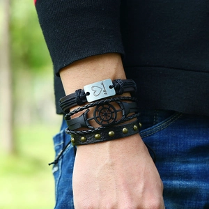 Ensemble de bracelets multicouches en cuir pour homme avec ancre et plaque gravée