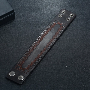 Retro punk dark brown genuine leather wide bracelet with embossed stitching and metal snaps