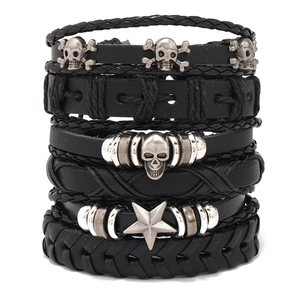 Punk Vintage Multilayer Cowhide Leather Bracelet Set Unisex Skull Star Charm Braided Cord Wrap Bracelet Jewelry Gift